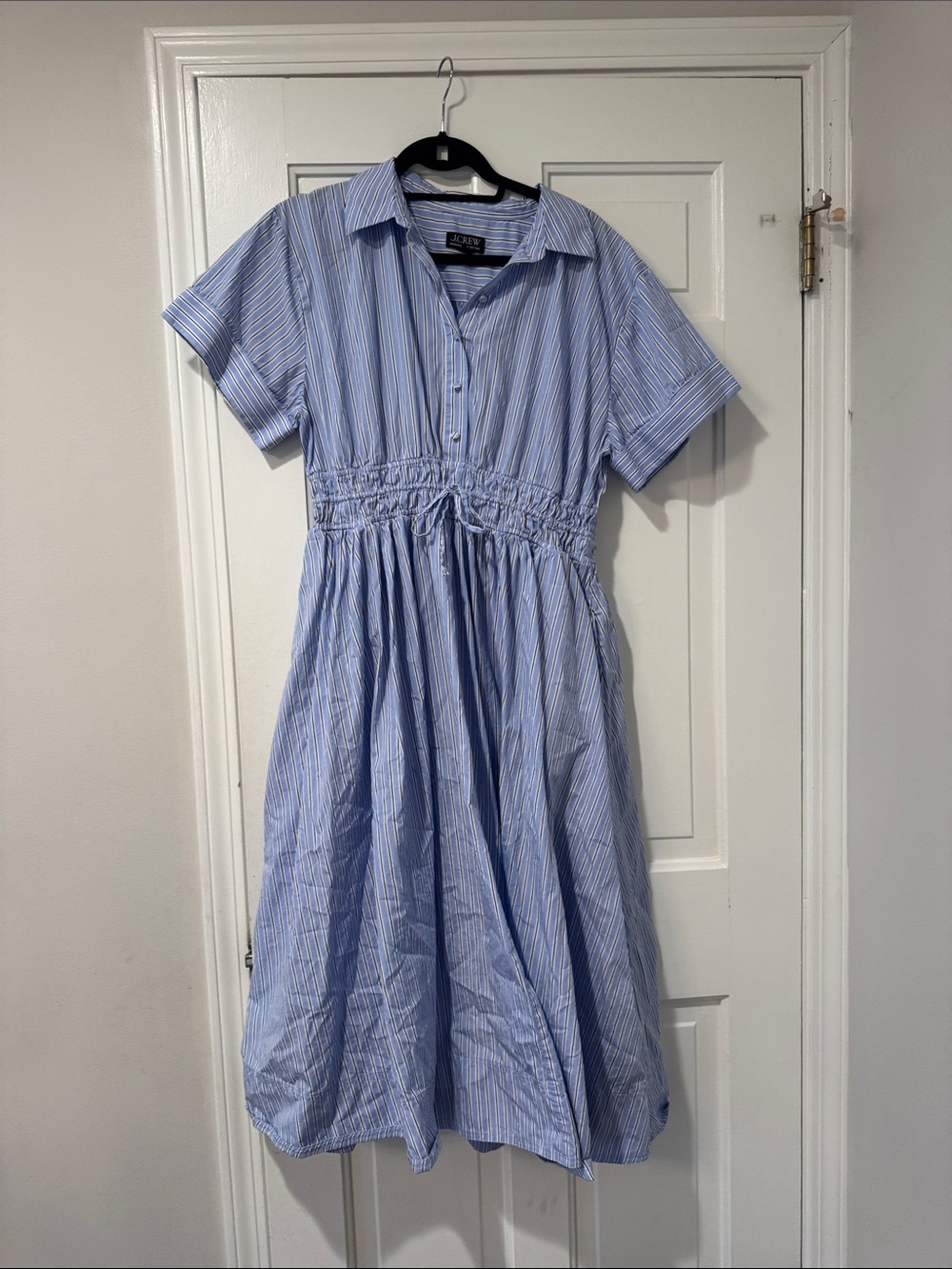 J Crew Light Blue Striped Shirtdress with Drawcord Waist